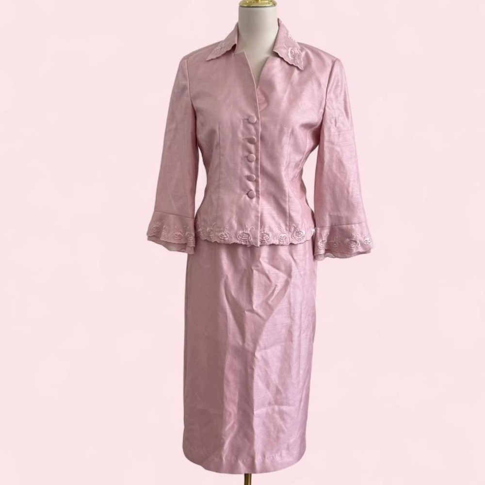 Vintage Jessica Howard Pink Silk Rosette Skirt Suit Set — Size 6
